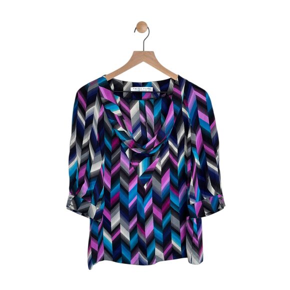 Trina Turk 3 Quarter Sleeve 100% Silk Geometric Print Draped Neckline Blouse - Picture 1 of 8